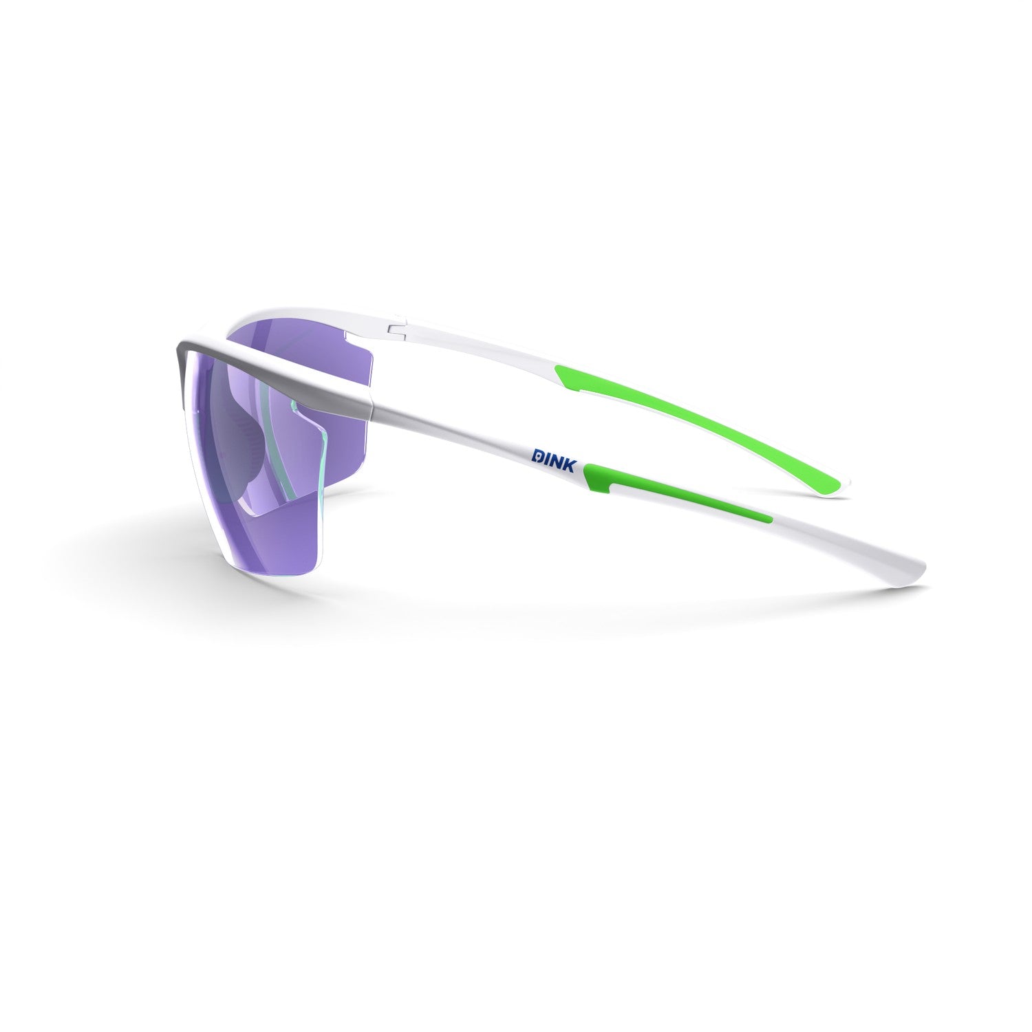 Sunglasses with white frame, green arm, and purple lenses on a white background