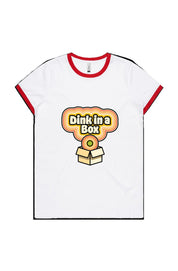 White Volleybird ladies T-shirt with red trim and retro 'Dink in a Box' graphic featuring a pickleball in an open box