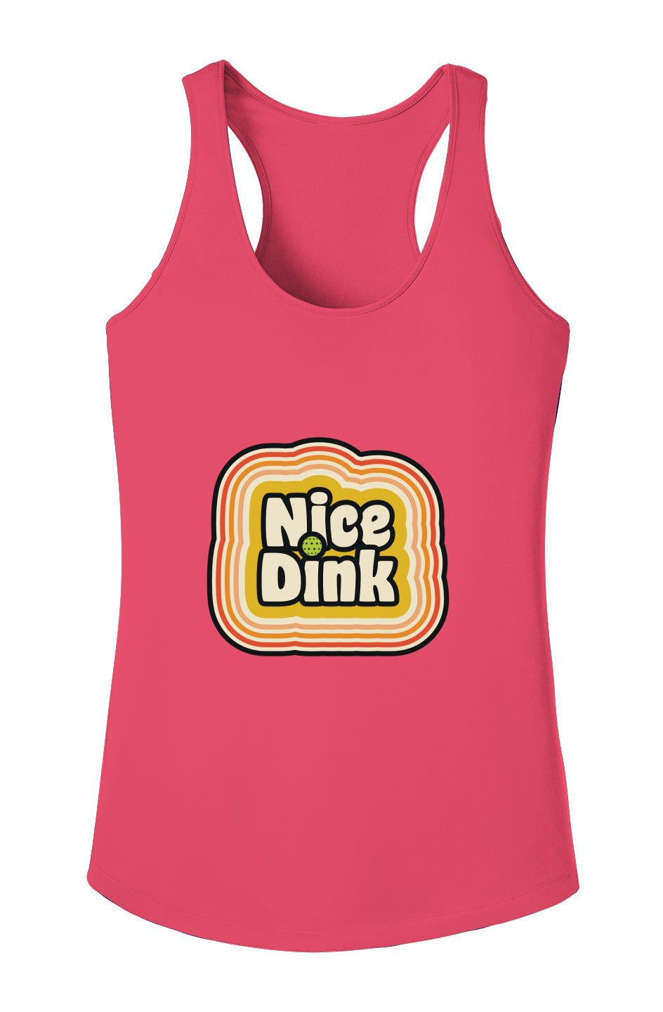 Pink racerback tank top with retro-style 'Nice Dink' graphic in bold white text over orange and yellow stripes