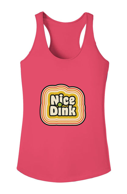 Pink racerback tank top with retro-style 'Nice Dink' graphic in bold white text over orange and yellow stripes