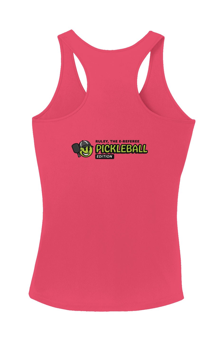 Back of pink tank top with 'Pickleball Edition' logo and cartoon referee character reading 'Ruley, the E-Referee
