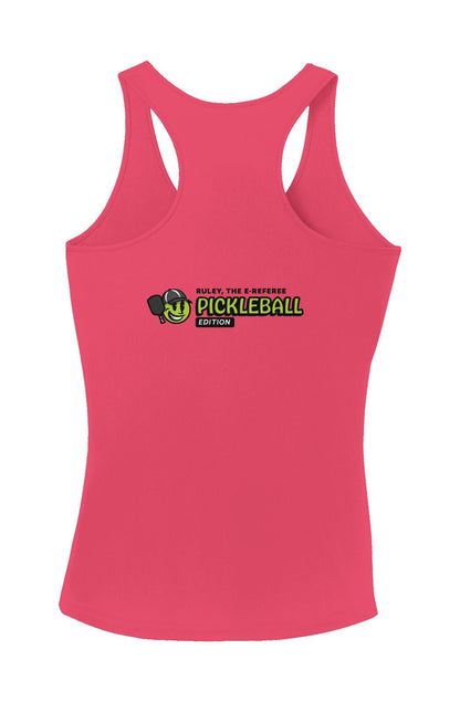 Back of pink tank top with 'Pickleball Edition' logo and cartoon referee character reading 'Ruley, the E-Referee