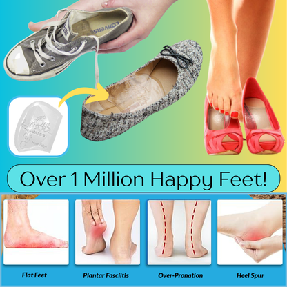Product advertisement showing a shoe with a sole insert and feet wearing different types of shoes.