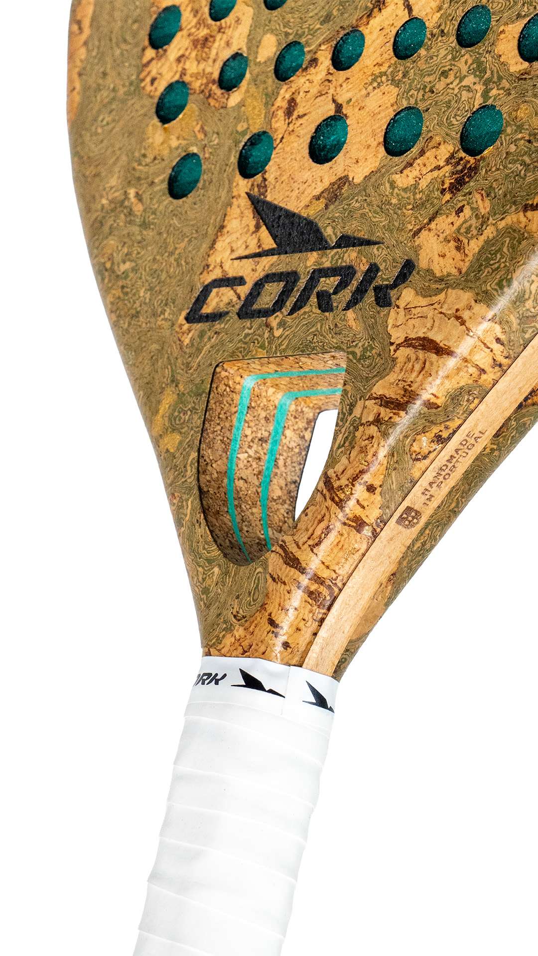 Close up of handle of Cork padel racket with cork texture and white handle on a white background