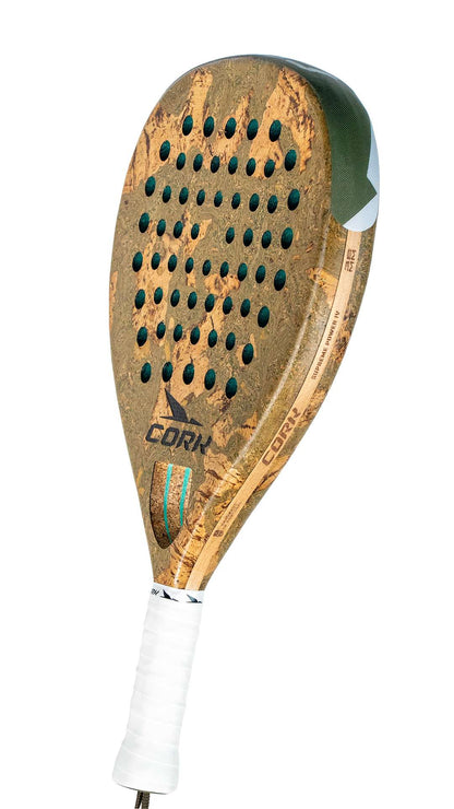 Cork padel racket with cork surface on a white background
