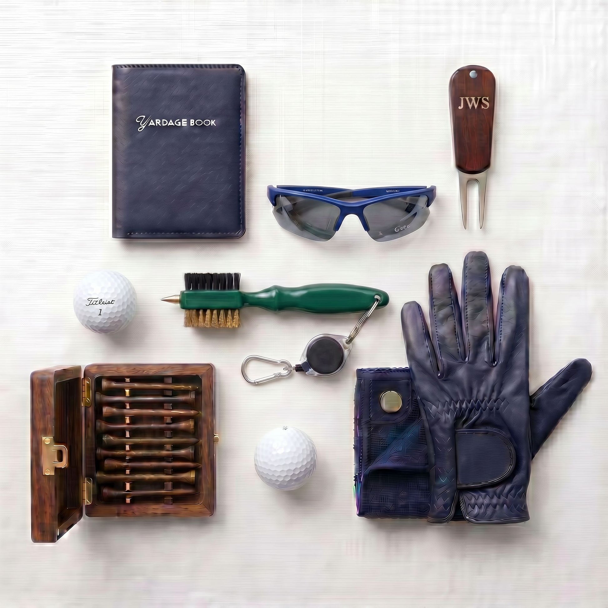 A flat-lay arrangement of golf accessories on a white textured background, including a navy leather card case, blue sunglasses, a wooden divot tool engraved with 'JWS', a green-handled brush, a wooden tee box set, two golf balls, and a navy leather glove.