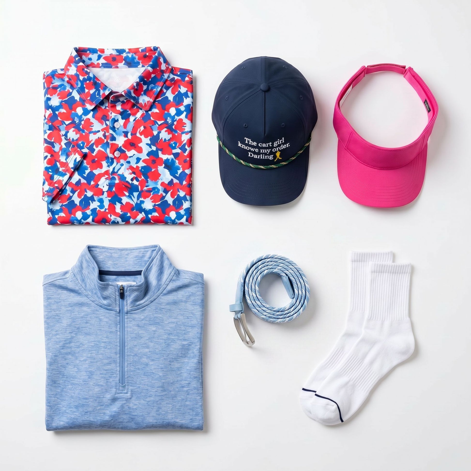 Golf apparel flat lay: hat, visor, performance shirt, and socks