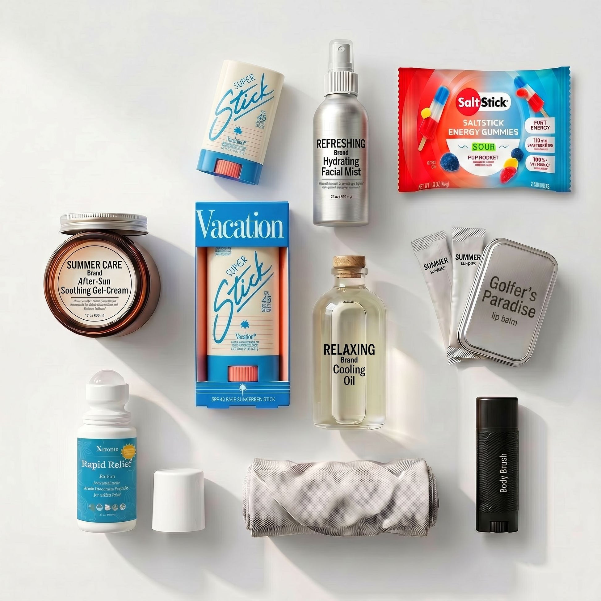 A flat-lay arrangement of multiple skincare and wellness products on a clean white background, including a Summer Care After Sun Gel Cream jar, a Vacation Stick box, a SalStick energy gum packet, a relaxing facial oil bottle, a gray eye mask, and other skincare items.