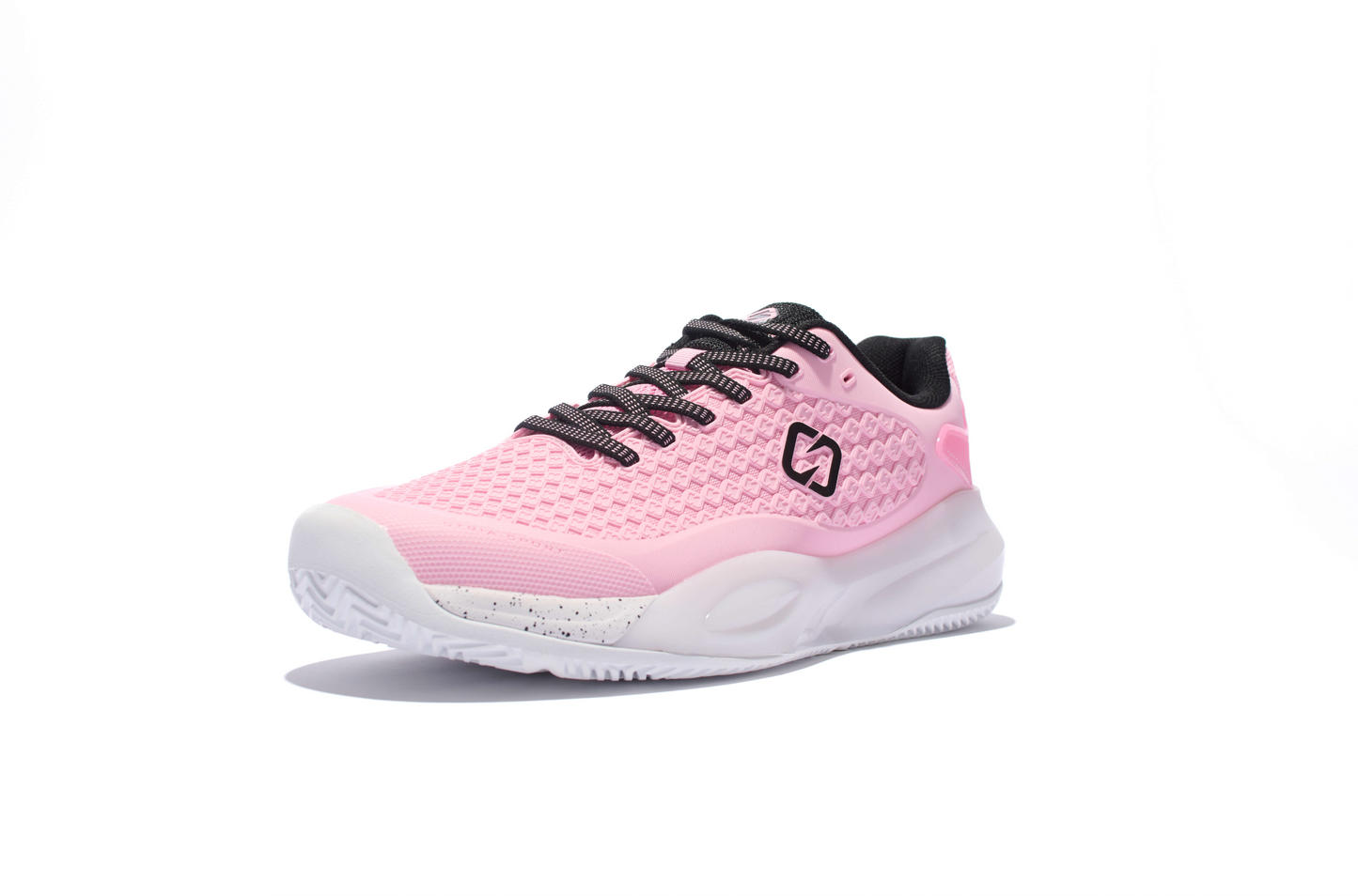 Pink athletic shoe with black laces on a white background
