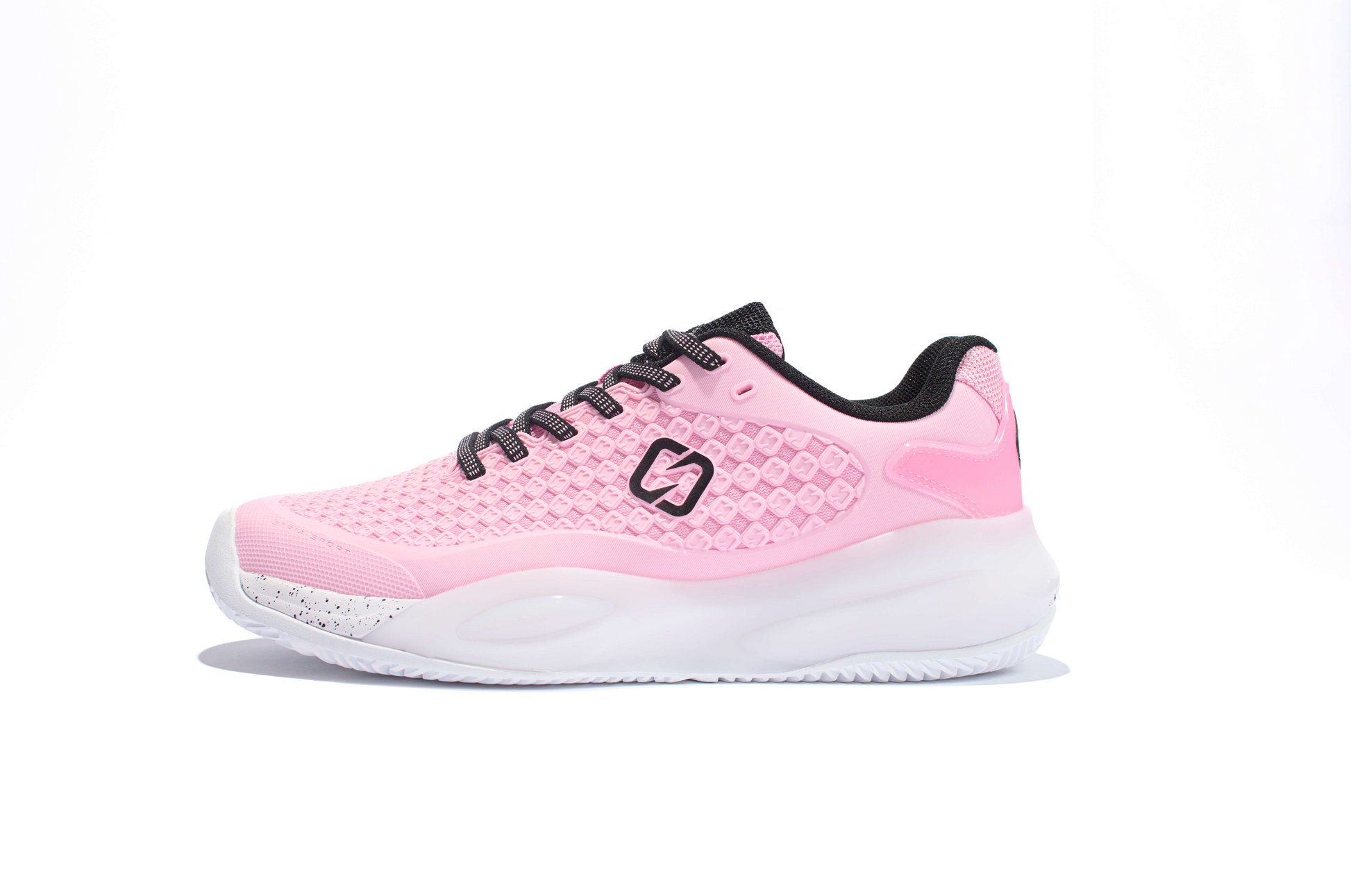 Pink running shoe with black accents on a white background