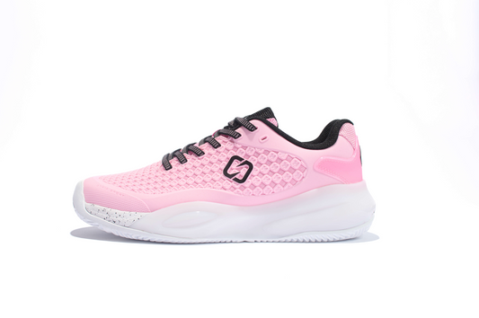 Pink running shoe with black accents on a white background