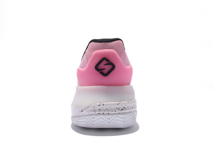 Pink and white sneaker with a black logo on a white background
