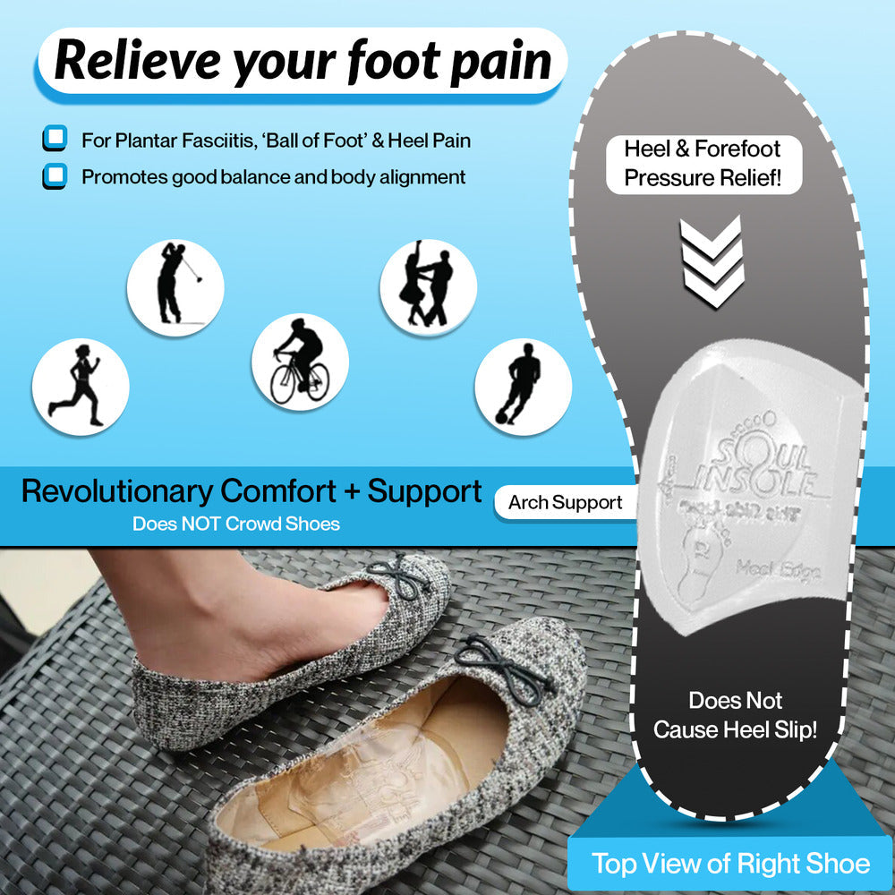 Advertisement for a shoe sole with arch support, highlighting relief from foot pain and comfort.