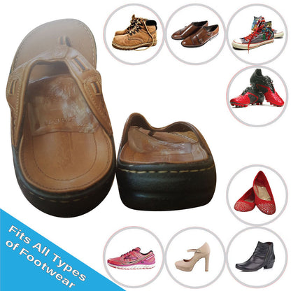 Brown leather shoes with circular insets showing various types of footwear on a white background.