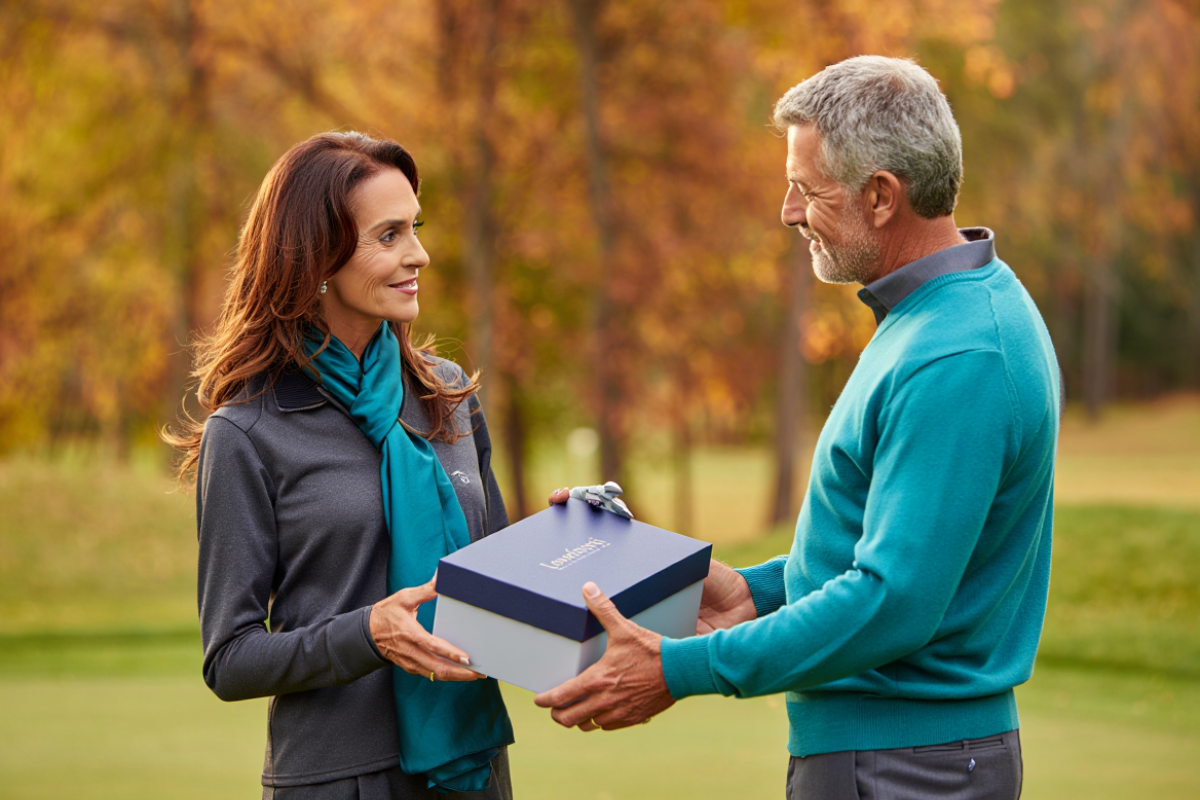 A mature couple exchanges golf gifts on a golf course in fall. 
