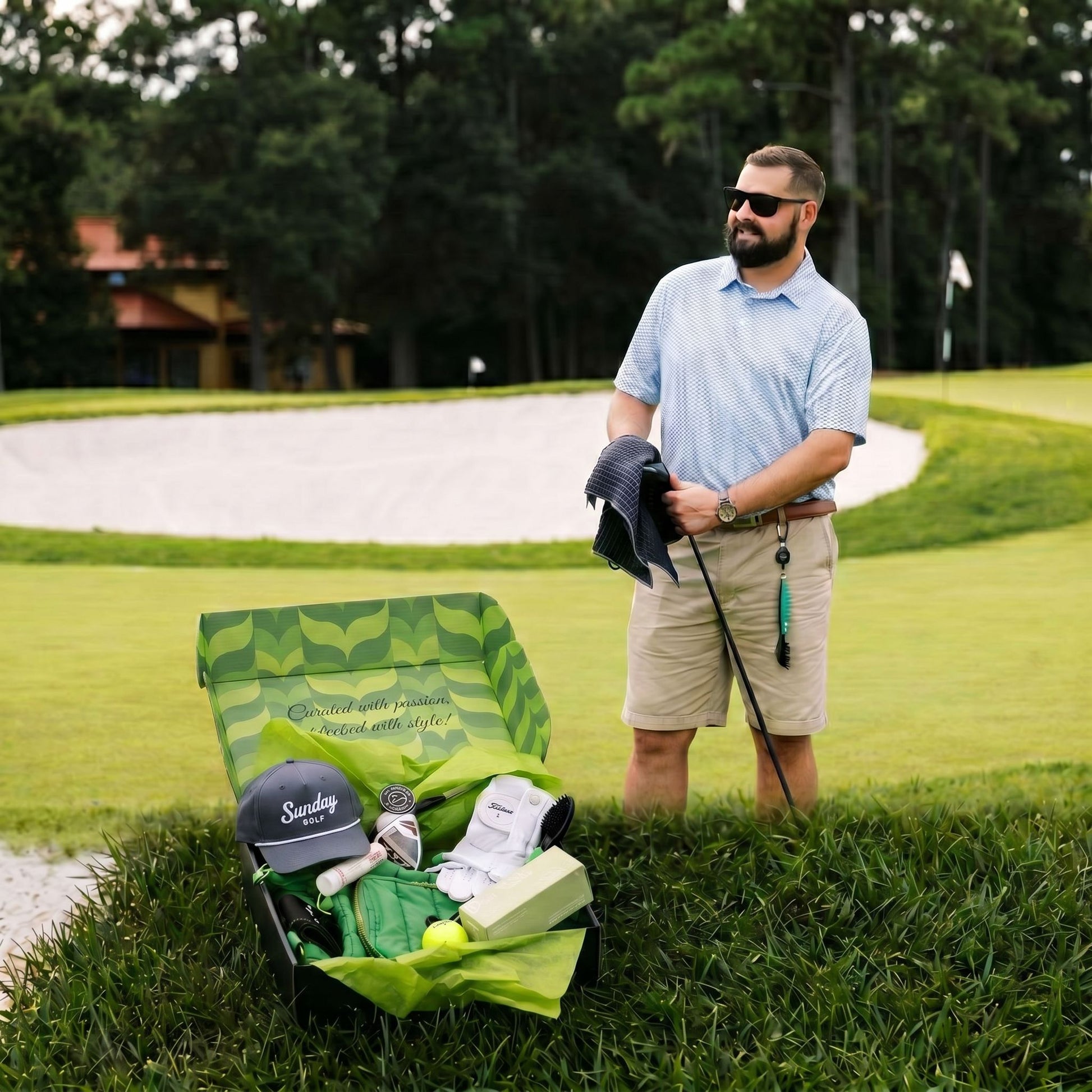 Man on golf course with open VolleyBird golf subscription box showing Sunday Golf hat and premium gear