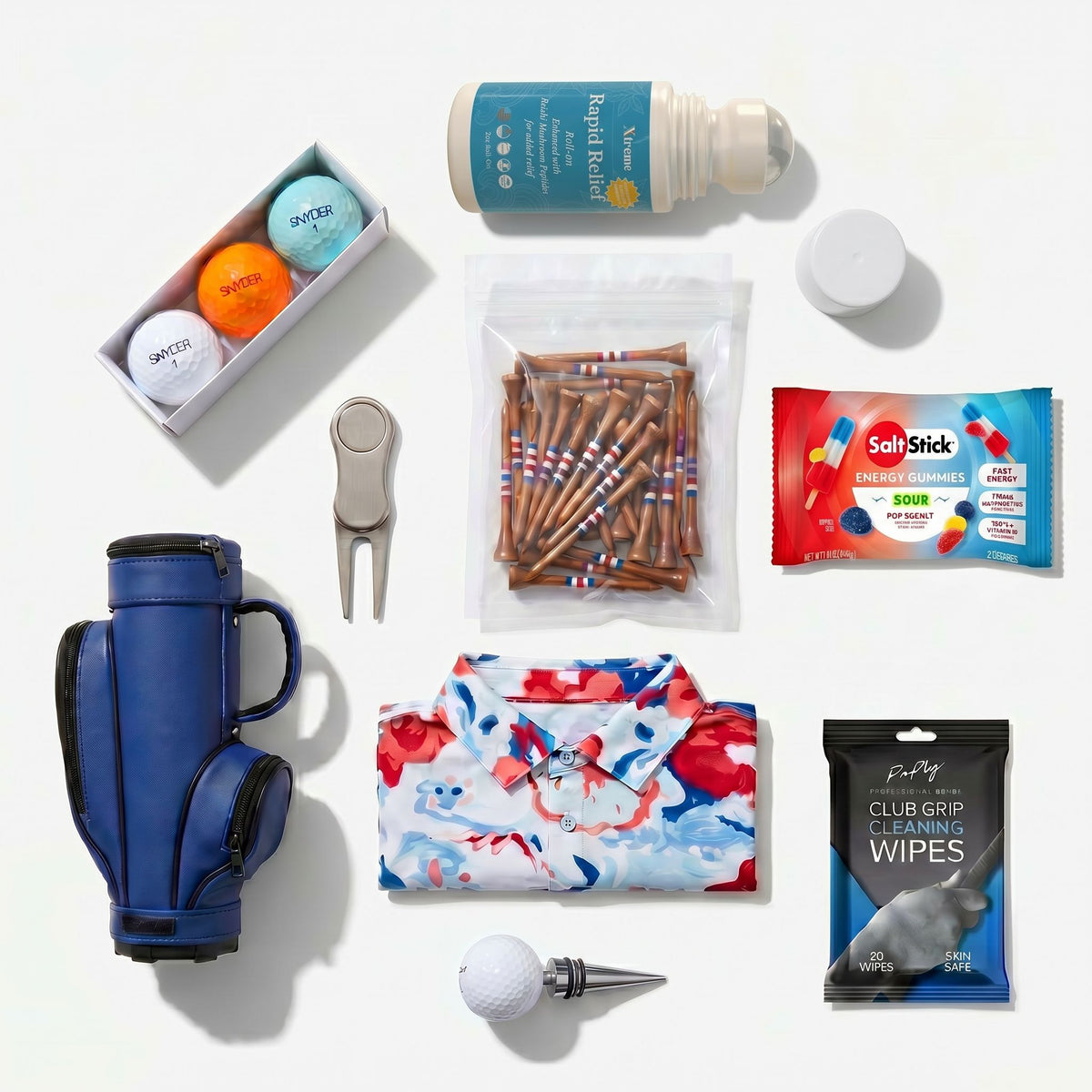 June–July golf subscription box flat lay with sun protection, cooling towel, and summer golf apparel