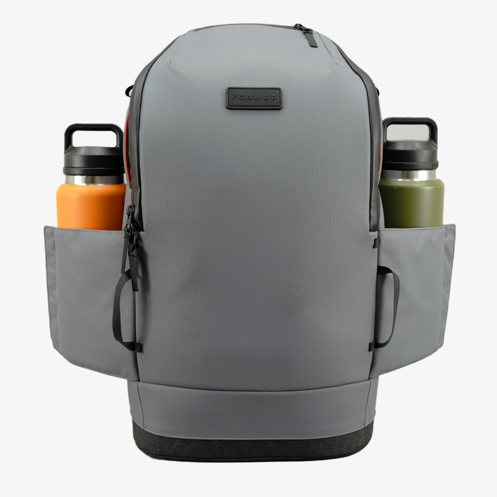 Gray backpack with water bottle holders on a white background