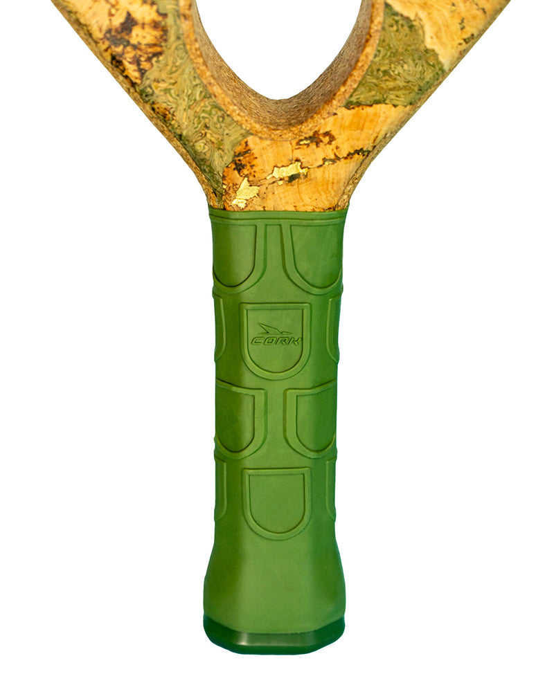 Green grip with wooden handle on a white background