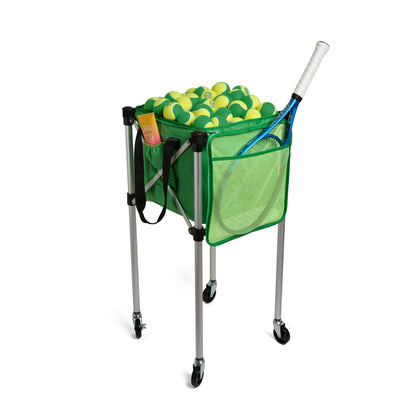 Tennis ball cart with tennis balls and rackets on a white background