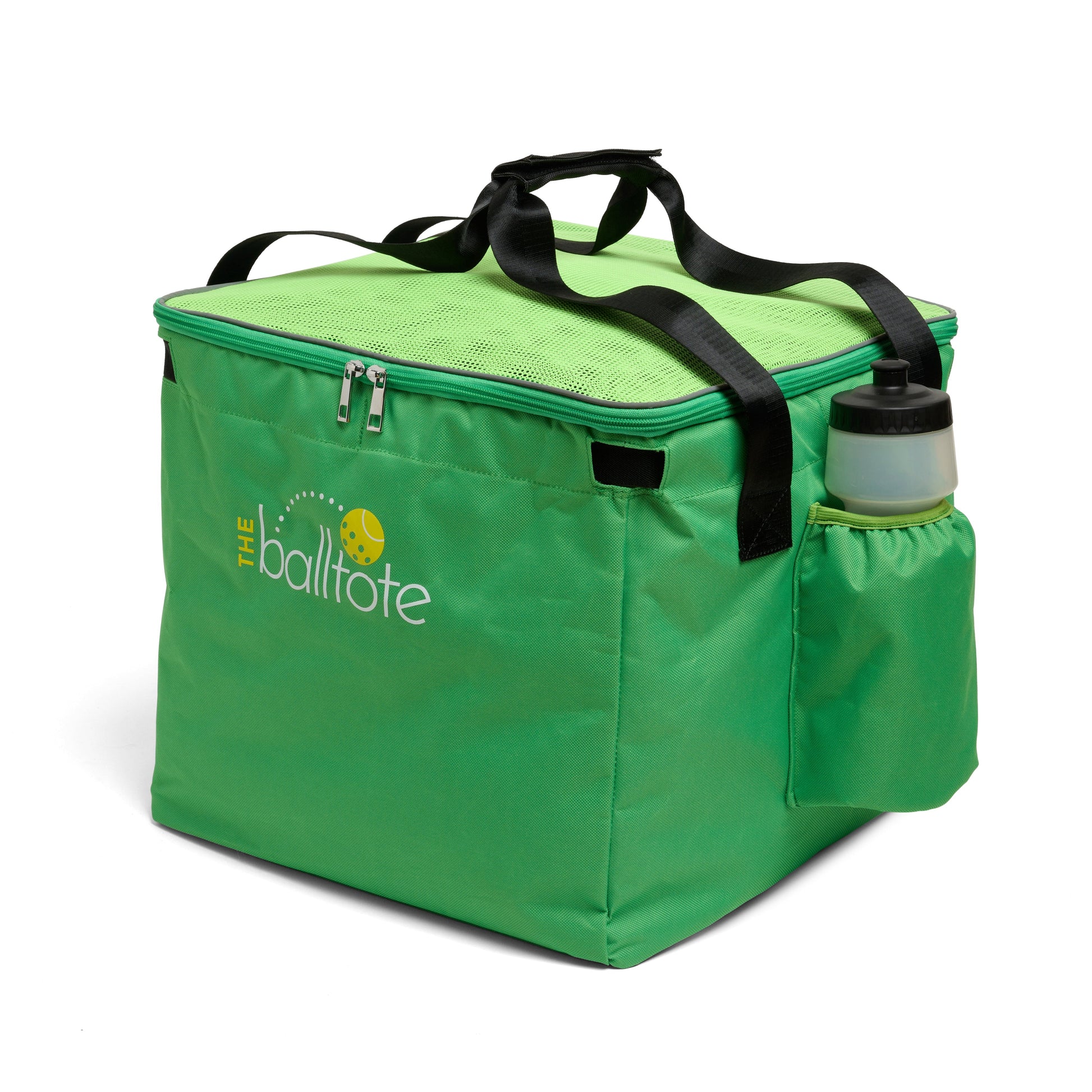 Green cooler bag with black handles and a small pocket on a white background