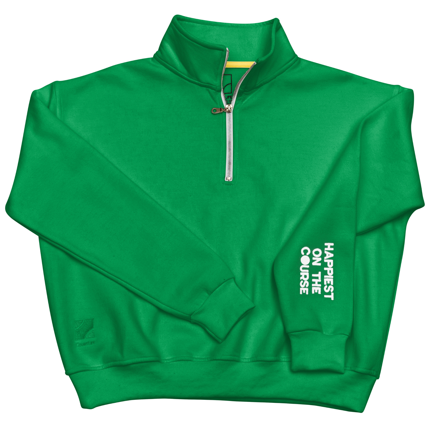 Green sweatshirt with text on sleeve against a white background