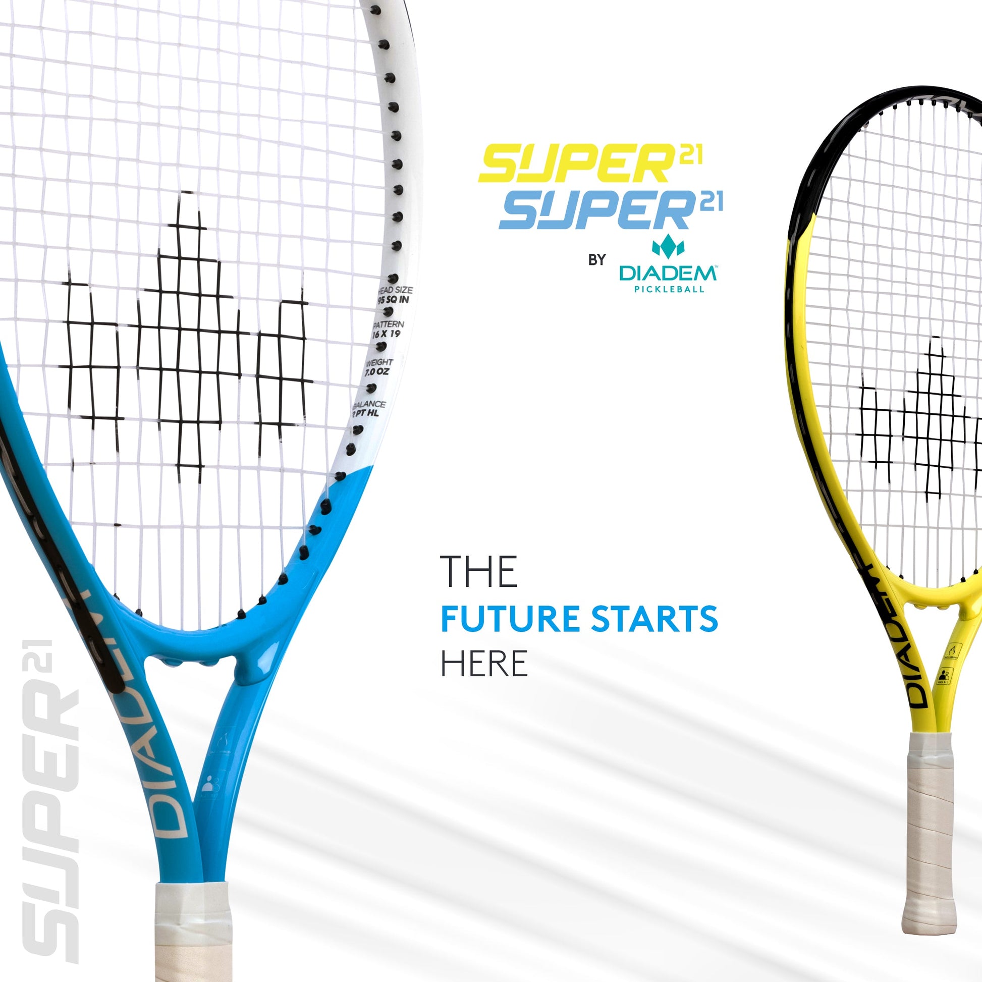 Two tennis rackets with 'Super 21' branding on a white background