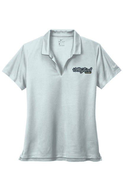 Light gray women's Nike Dri-FIT polo with open collar and embroidered 'Volleybird Member' logo on chest