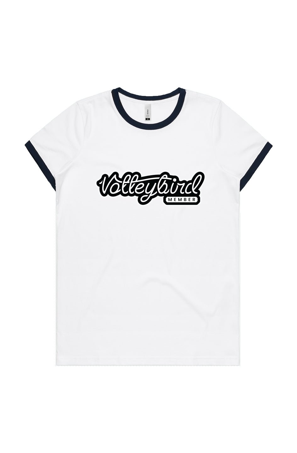 White Volleybird women’s ringer tee with black sleeve and collar trim, featuring bold 'Volleybird Member' front logo