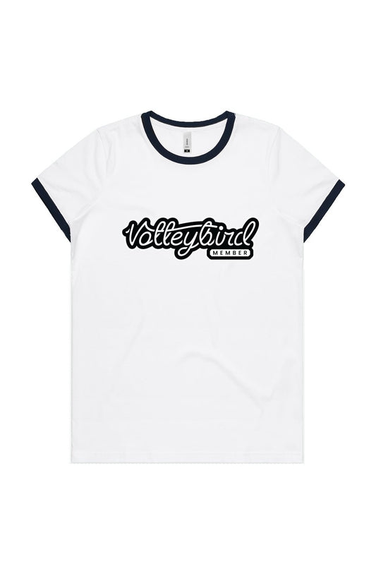 White Volleybird women’s ringer tee with black sleeve and collar trim, featuring bold 'Volleybird Member' front logo
