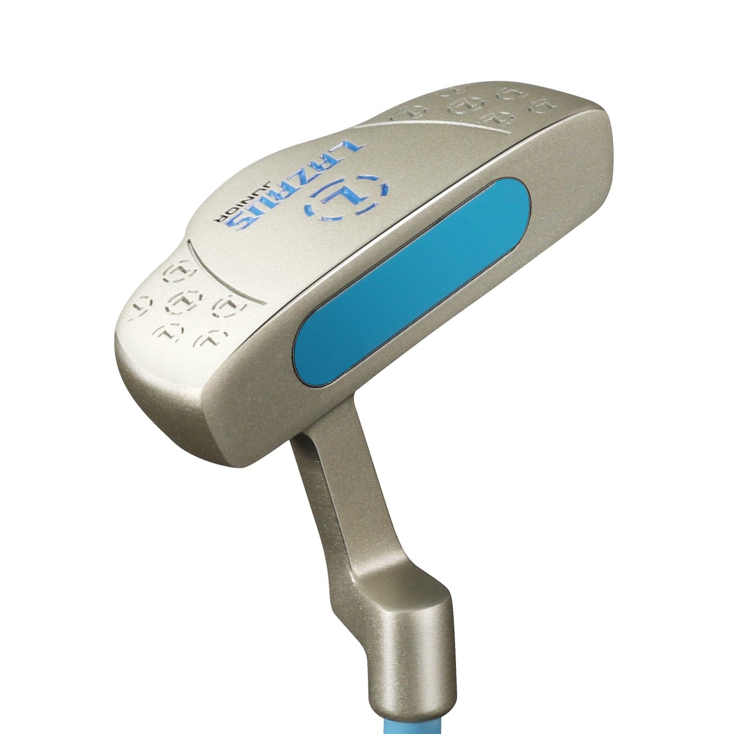 Golf putter with blue and silver design on a white background