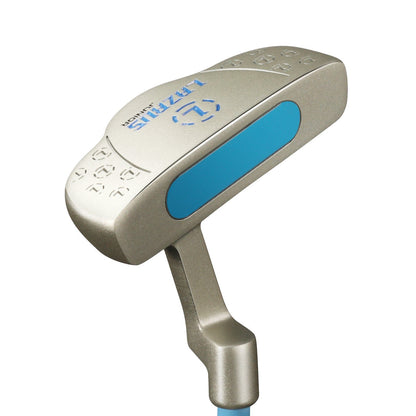 Golf putter with blue and silver design on a white background