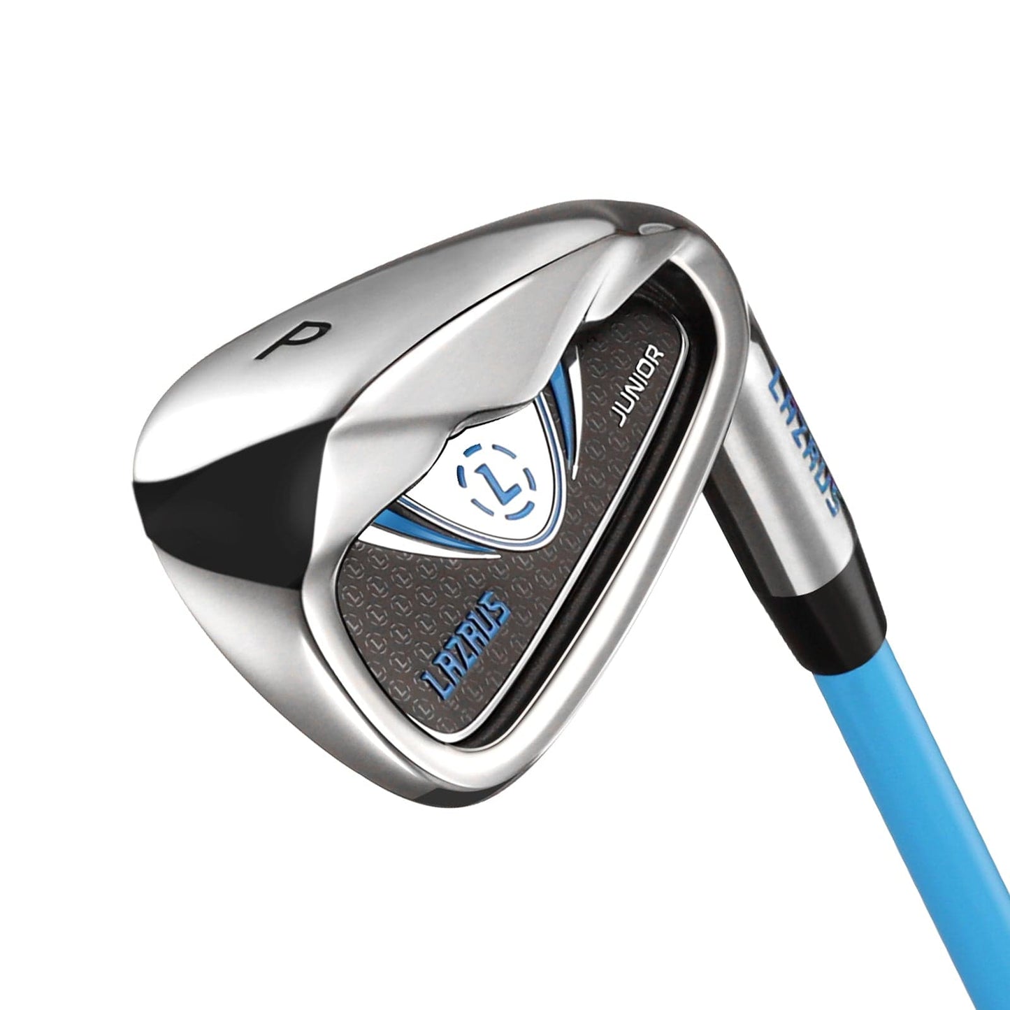 Golf club head with blue shaft on a white background