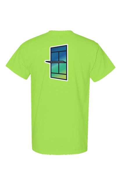 Back of neon yellow T-shirt featuring a graphic of a stylized padel court window with gradient blue-green colors