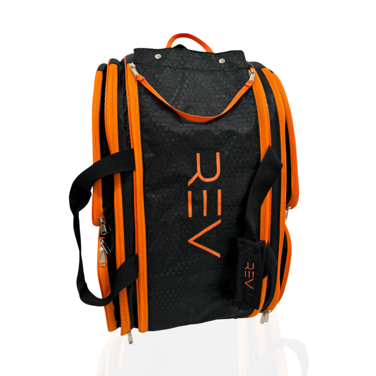 Black and orange backpack with 'REV' branding on a white background