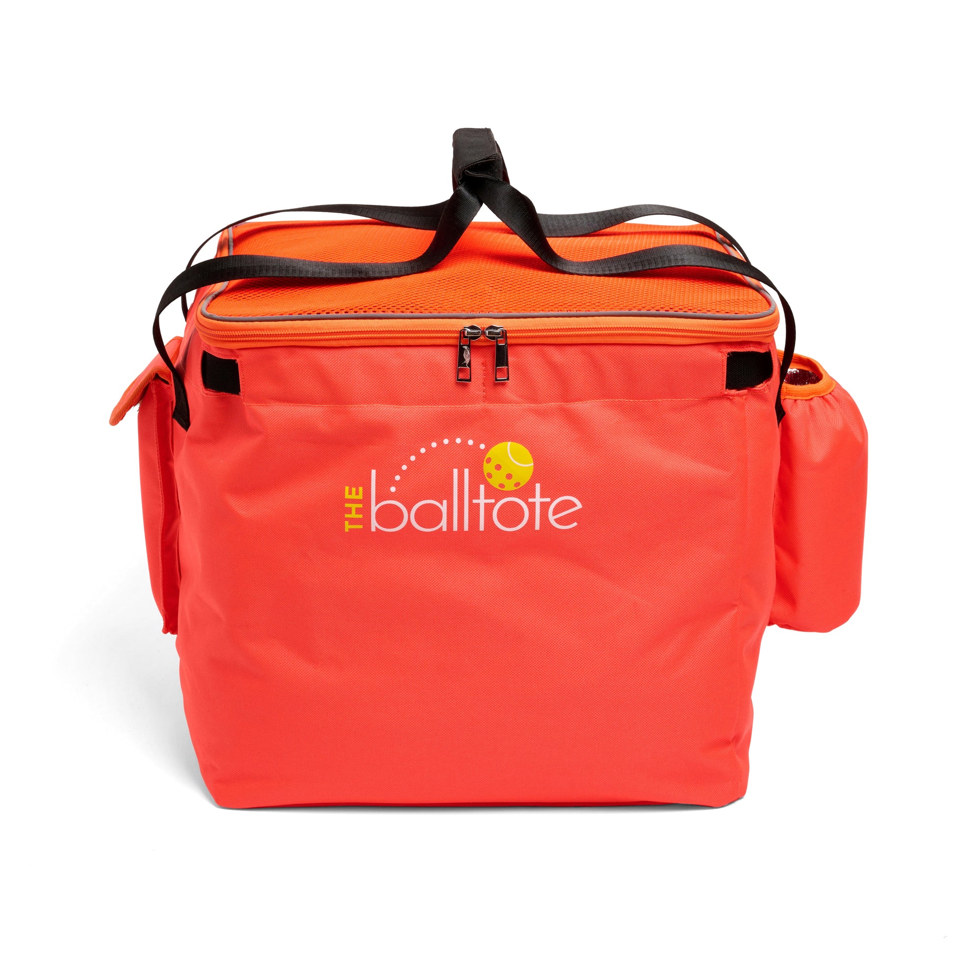Orange bag with black handles and visible branding on a white background