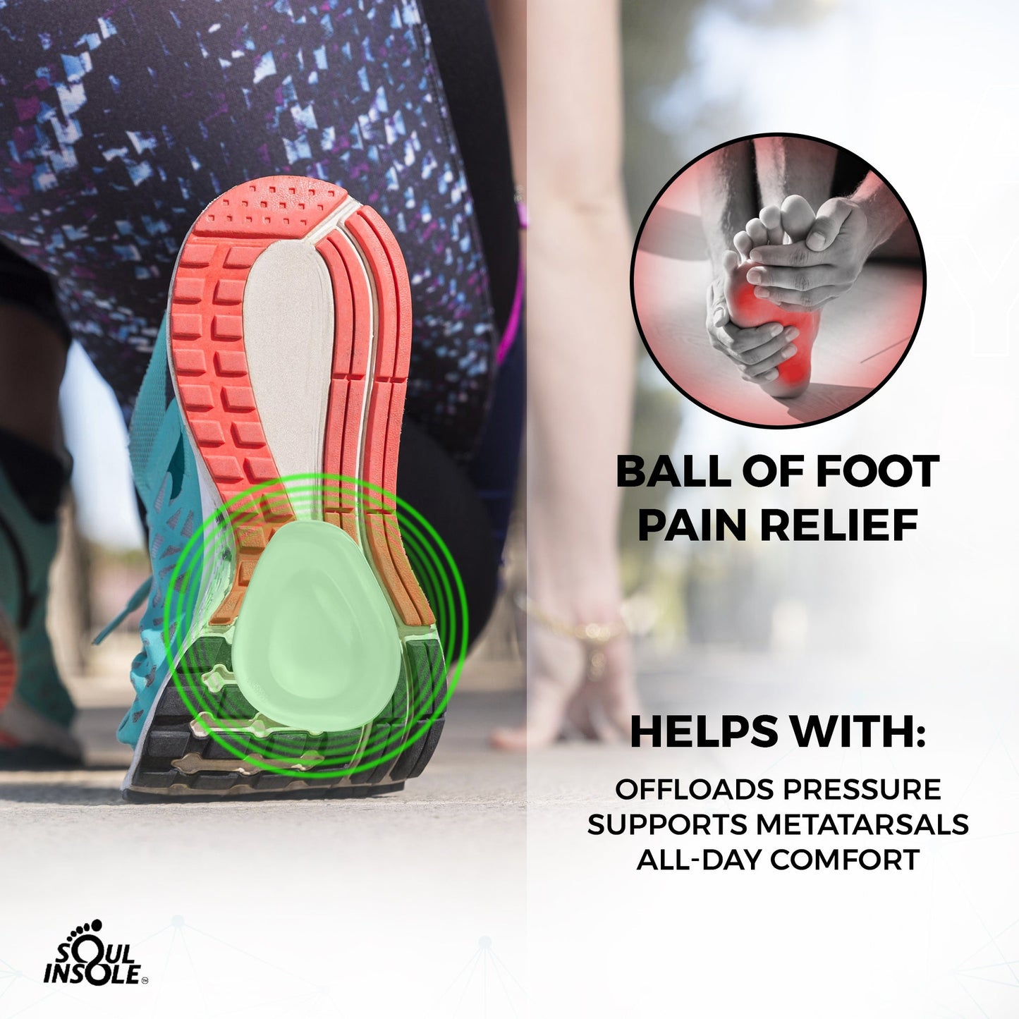 Sole Insole product showing ball of foot pain relief with a person wearing a shoe and an inset image of foot pain.