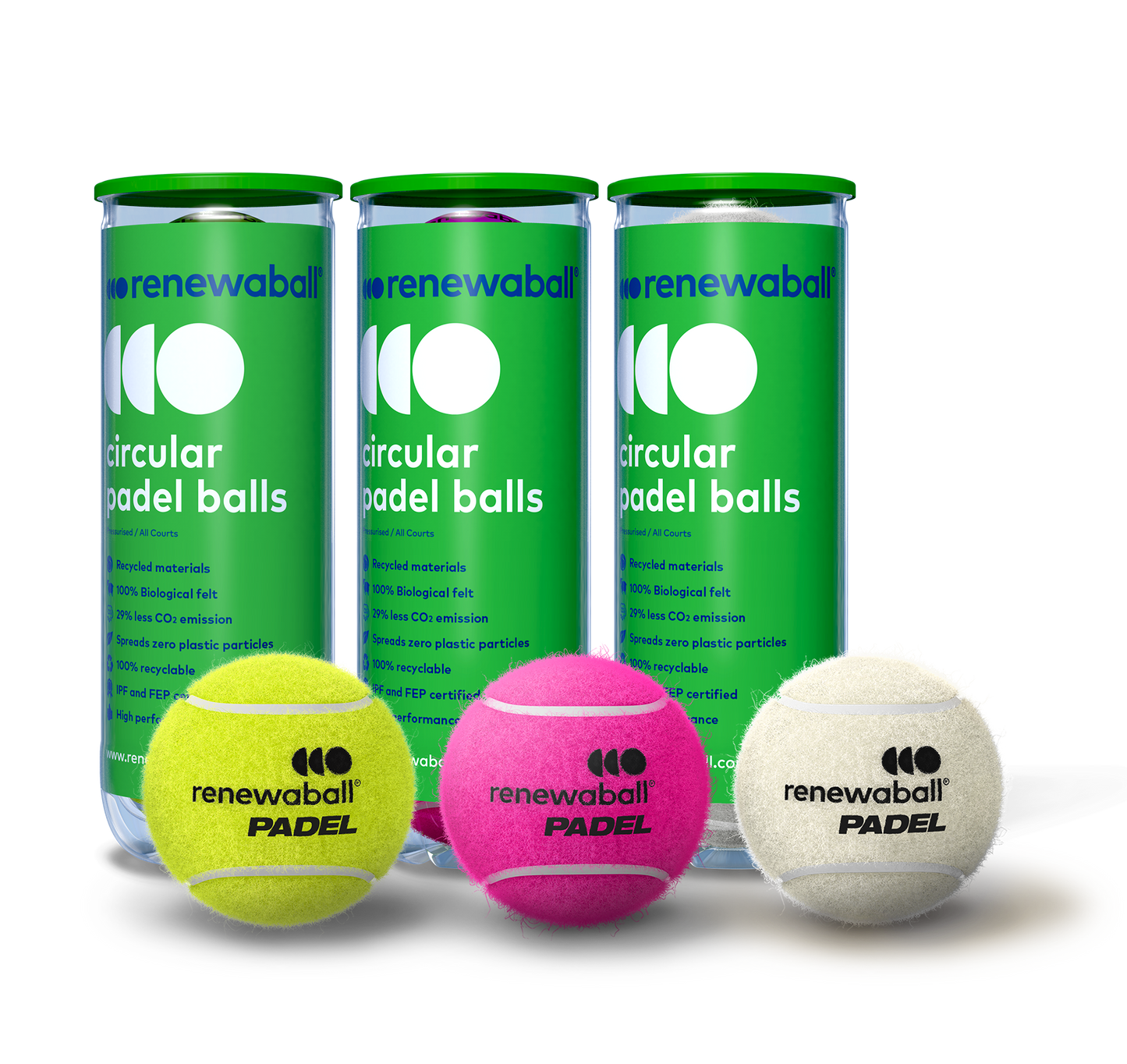 Three cans of renewaball Padel balls with a yellow, pink, and white ball on a white background.