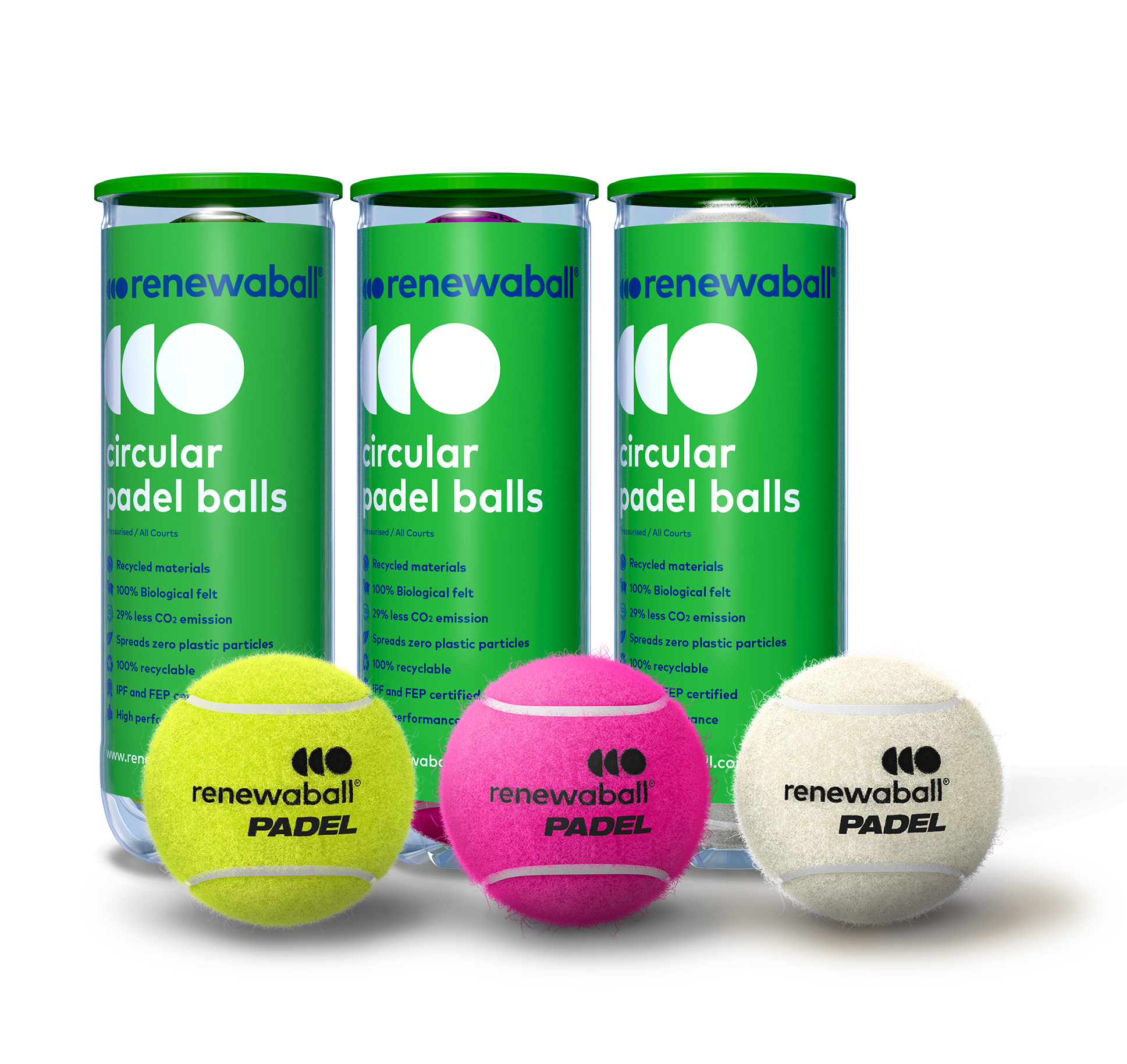 Three cans of renewaball Padel balls with a yellow, pink, and white ball on a white background.