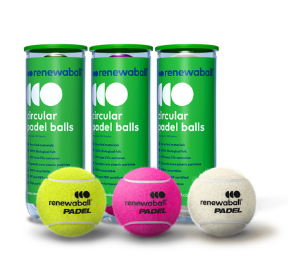Three cans of renewaball Padel balls with a yellow, pink, and white ball on a white background.