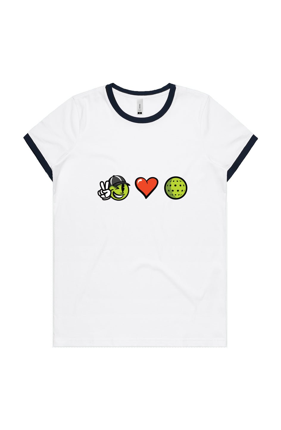 White Volleybird ladies T-shirt with black trim and graphic of peace sign face, red heart, and green pickleball icon