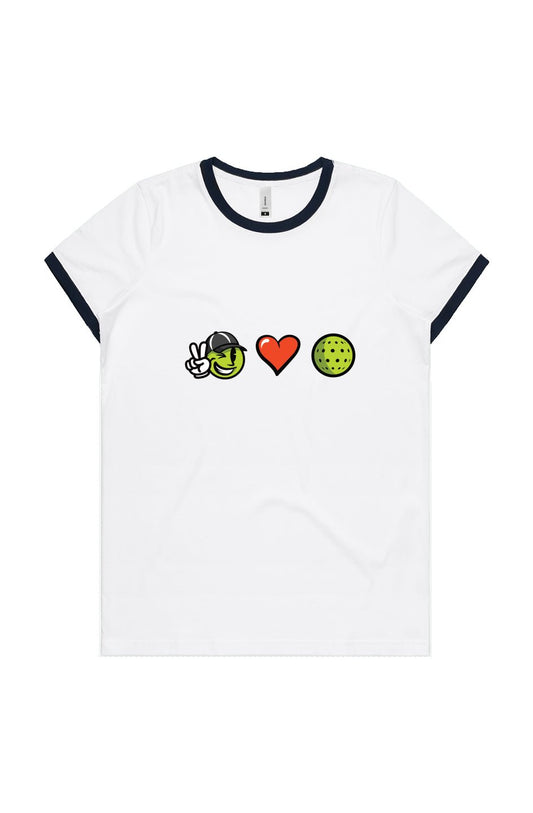 White Volleybird ladies T-shirt with black trim and graphic of peace sign face, red heart, and green pickleball icon