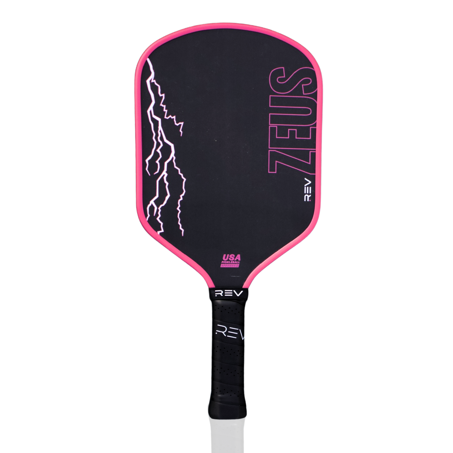Pickleball paddle with black and pink design on a white background