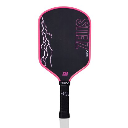 Pickleball paddle with black and pink design on a white background