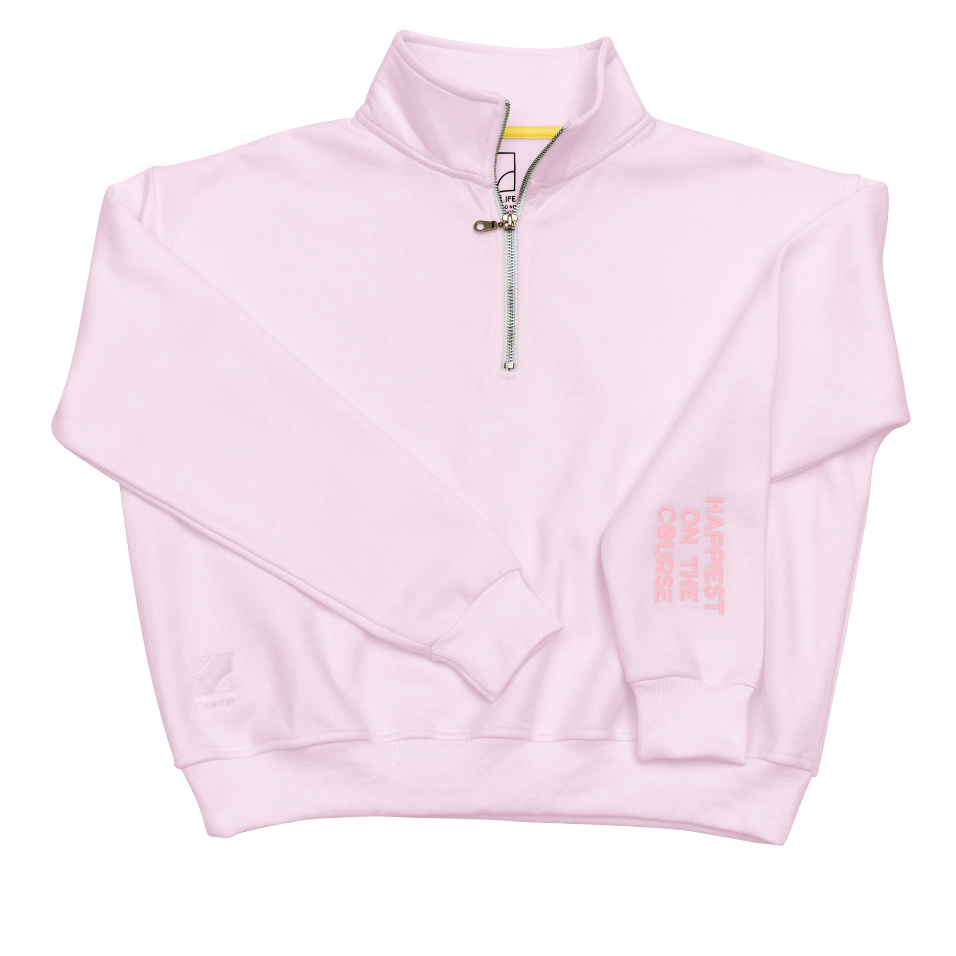 Pink half-zip sweatshirt with text on a white background