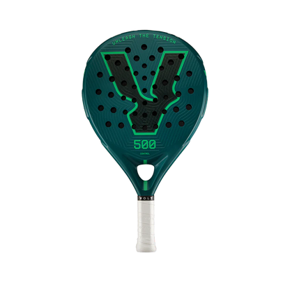 Green and black tennis racket with 'V' logo on a white background