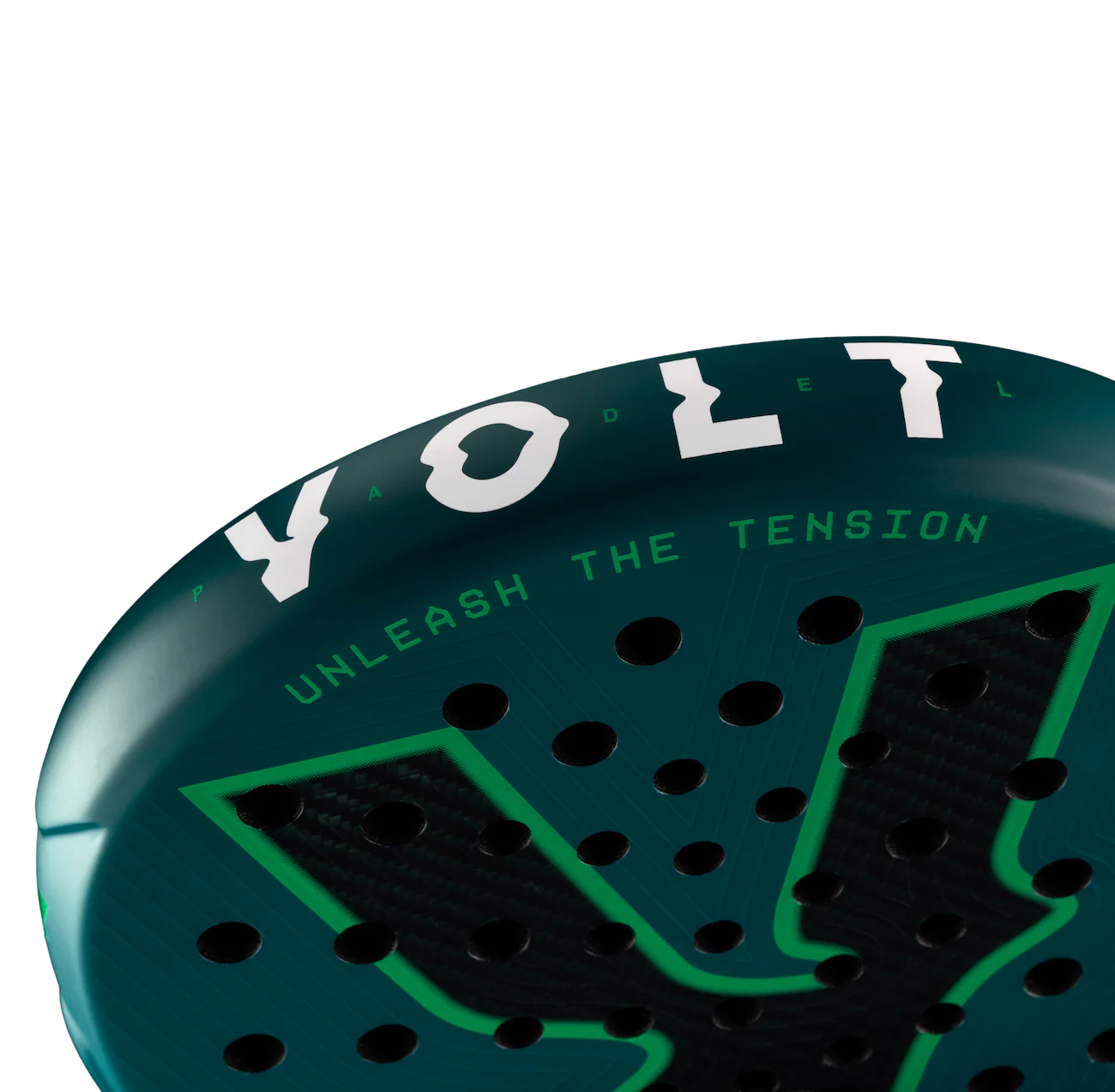 Close-up of a green and black sports pad with 'VOLT' branding on a white background