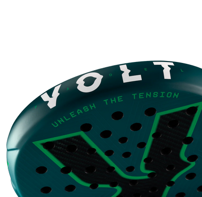 Close-up of a green and black sports pad with 'VOLT' branding on a white background