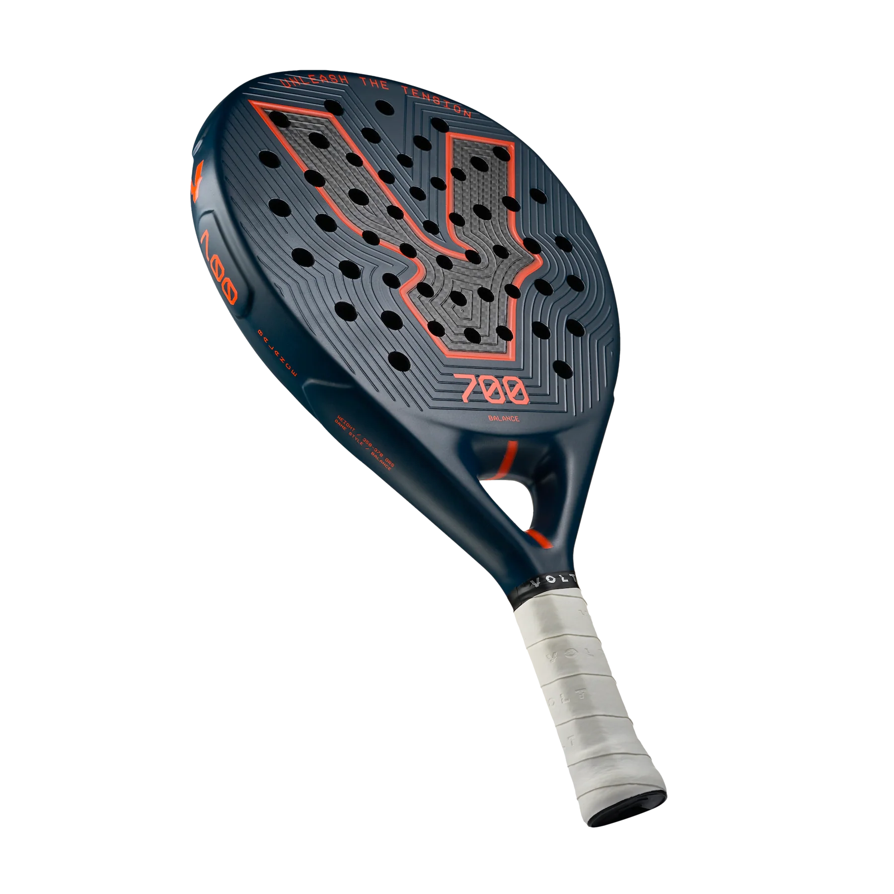 Padel racket with black and orange design on a white background
