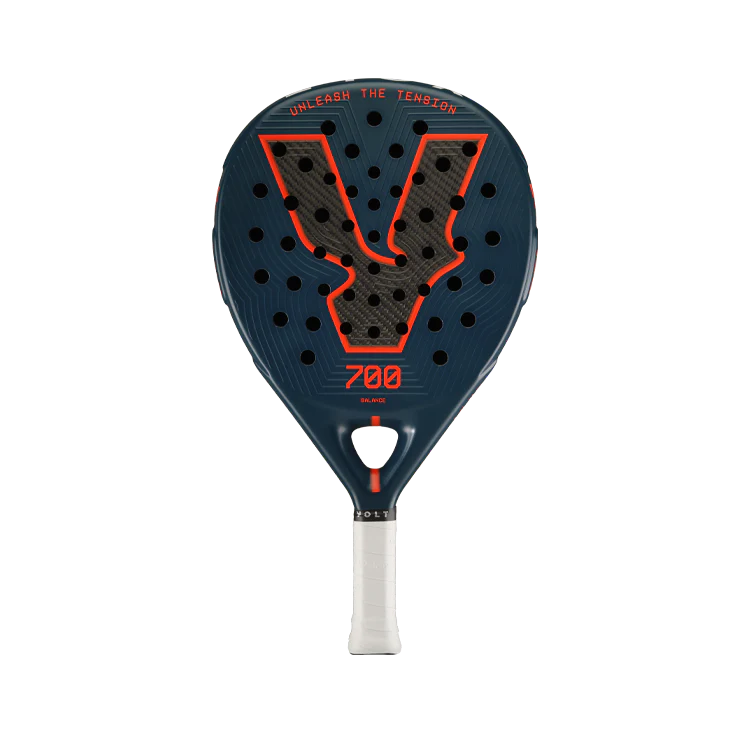Padel racket with black and orange design on a white background